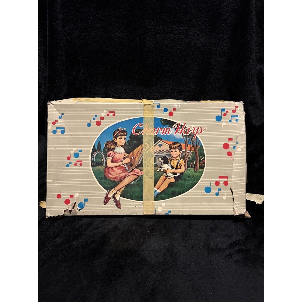 Vintage 1950s Charm Harp Wood Lap Children's Musical Instrument W/Box
